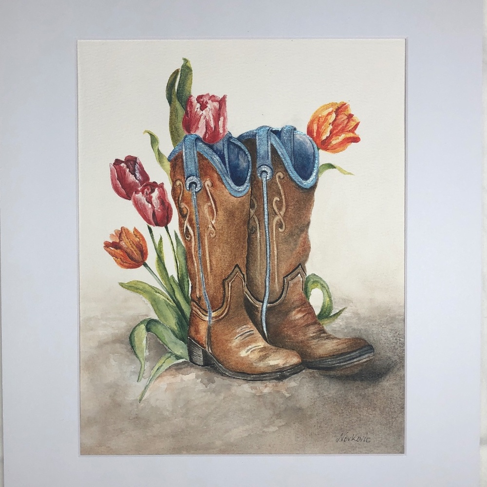Cowboy boots and Tulips Original Watercolor